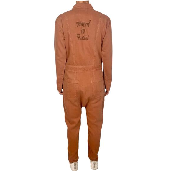 Free People x Sandrine Rose Denim Jumpsuit "Weird is Rad" Sz L - Picture 2 of 11